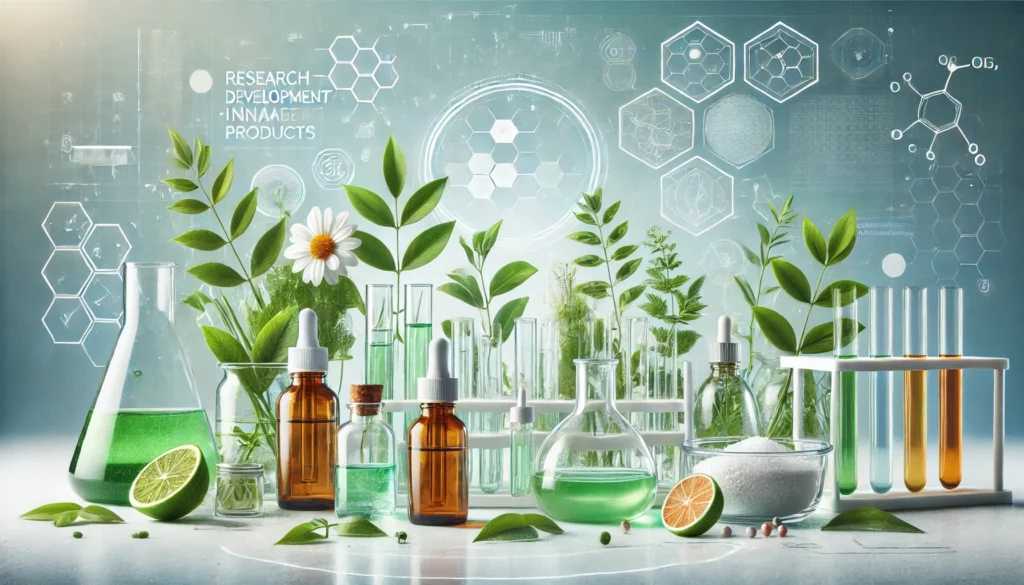 DALL·E 2024-11-13 23.16.23 - A modern and vibrant image showcasing research and development of advanced, innovative skincare products that are 100% natural and eco-sustainable. Di_ok