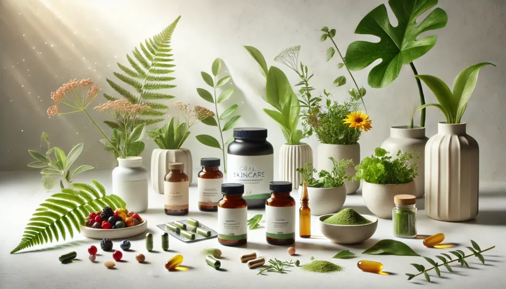 DALL·E 2024-11-13 23.17.56 - A vibrant and modern image showcasing natural oral skincare supplements for skin wellness. Display eco-friendly packaging of supplements, capsules, or_ok